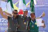 Il podio individuale ai mondiali deltaplano 2023: da sinistra Laurenzi, Ploner e il brasiliano Sandoli